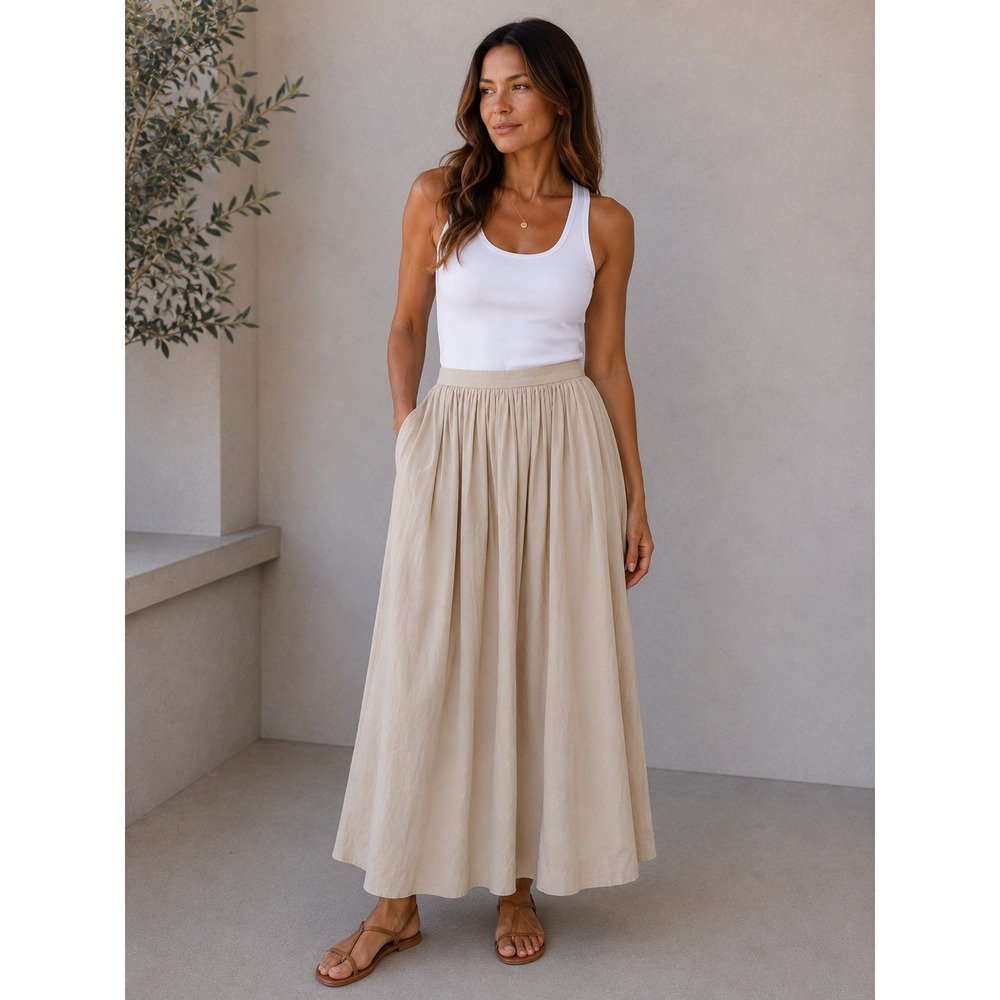 Zara Women Beige Gathered Midi Skirt Size S Cotton Minimalist Cottagecore